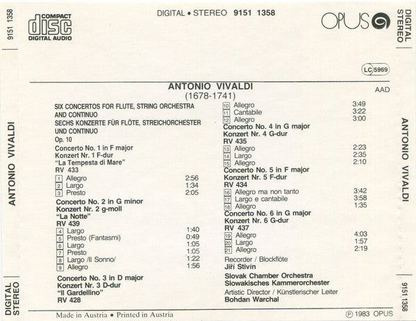 Antonio Vivaldi - Jiří Stivín, Slovak Chamber Orchestra, Bohdan Warchal : Six Flute Concertos, Op. 10 (CD, Album)