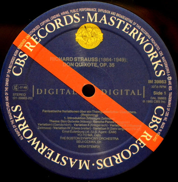 Yo-Yo Ma - Seiji Ozawa - Boston Symphony Orchestra - Richard Strauss - Arnold Schoenberg : Strauss Don Quixote - Schoenberg Concerto In D Major (LP, Album)