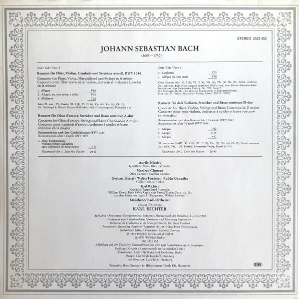 Johann Sebastian Bach, Aurèle Nicolet, Gerhart Hetzel, Manfred Clement, Münchener Bach-Orchester, Karl Richter : Tripelkonzerte - Konzert Für Oboe D'Amore = Triple Concertos - Concerto For Oboe D'Amore (LP, Album)
