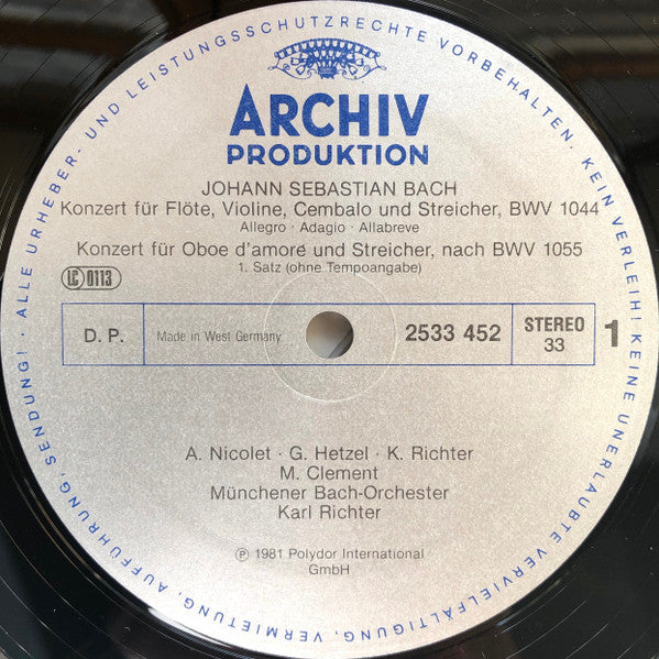 Johann Sebastian Bach, Aurèle Nicolet, Gerhart Hetzel, Manfred Clement, Münchener Bach-Orchester, Karl Richter : Tripelkonzerte - Konzert Für Oboe D'Amore = Triple Concertos - Concerto For Oboe D'Amore (LP, Album)