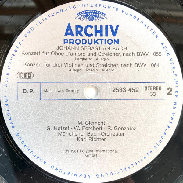 Johann Sebastian Bach, Aurèle Nicolet, Gerhart Hetzel, Manfred Clement, Münchener Bach-Orchester, Karl Richter : Tripelkonzerte - Konzert Für Oboe D'Amore = Triple Concertos - Concerto For Oboe D'Amore (LP, Album)