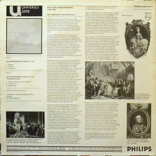 Wolfgang Amadeus Mozart - Ingrid Haebler, London Symphony Orchestra, Witold Rowicki : Klavierkonzerte KV 453 Und KV 537 (LP, RE)