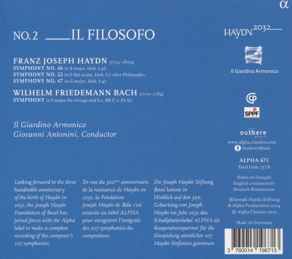 Joseph Haydn, Wilhelm Friedemann Bach, Giovanni Antonini, Il Giardino Armonico : Il Filosofo (CD, Album)