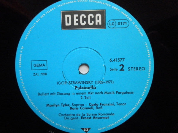 Igor Stravinsky / L'Orchestre De La Suisse Romande, Ernest Ansermet : Pulcinella (LP, Album, RE)