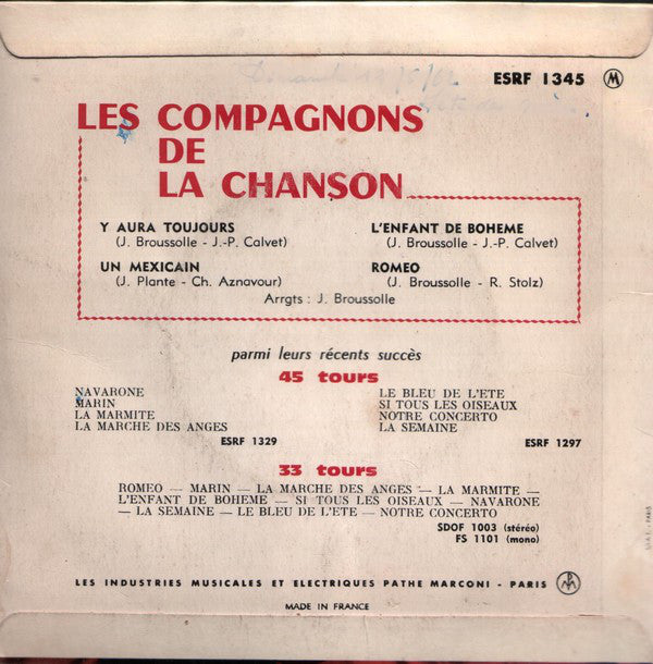 Les Compagnons De La Chanson : Y'aura Toujours (7", EP, Mono)