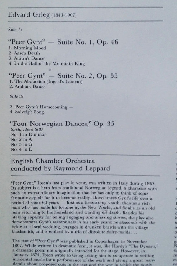 Edvard Grieg, English Chamber Orchestra, Raymond Leppard : Peer Gynt: Suites Nos. 1 & 2 - Norwegian Dances (LP)