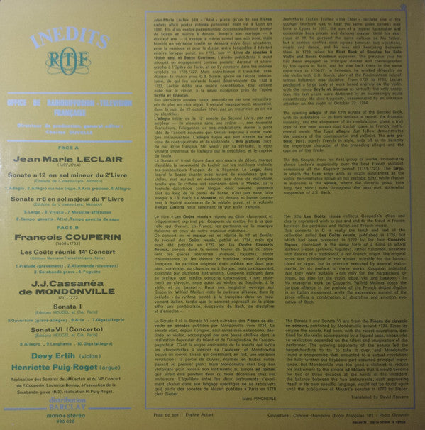Devy Erlih, Henriette Puig-Roget  -  François Couperin, Jean-Marie Leclair, Jean Joseph Cassanea De Mondonville : Sonates (LP)