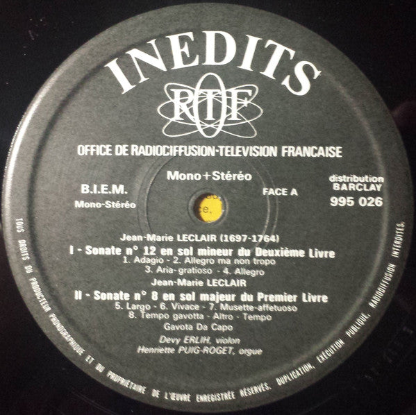 Devy Erlih, Henriette Puig-Roget  -  François Couperin, Jean-Marie Leclair, Jean Joseph Cassanea De Mondonville : Sonates (LP)