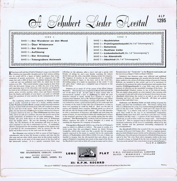 Dietrich Fischer-Dieskau, Gerald Moore : A Schubert Lieder Recital (LP, Mono)
