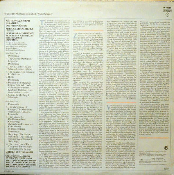Anthony Und Joseph Paratore, Modest Mussorgsky  /  Witold Lutoslawski : Pictures At An Exhibition / Variations On A Theme By Paganini For 2 Pianos (LP)