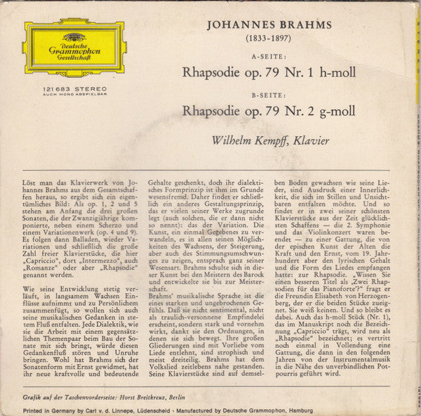 Johannes Brahms, Wilhelm Kempff : Rhapsodien Op. 79 (7")