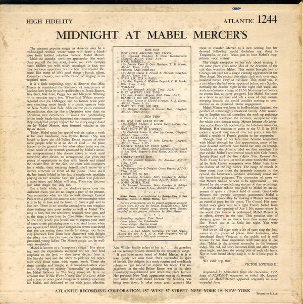 Mabel Mercer : Midnight At Mabel Mercer's (LP, Album, Bla)