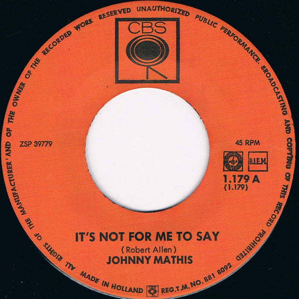 Johnny Mathis : It's Not For Me To Say / Chances Are (7", Single)