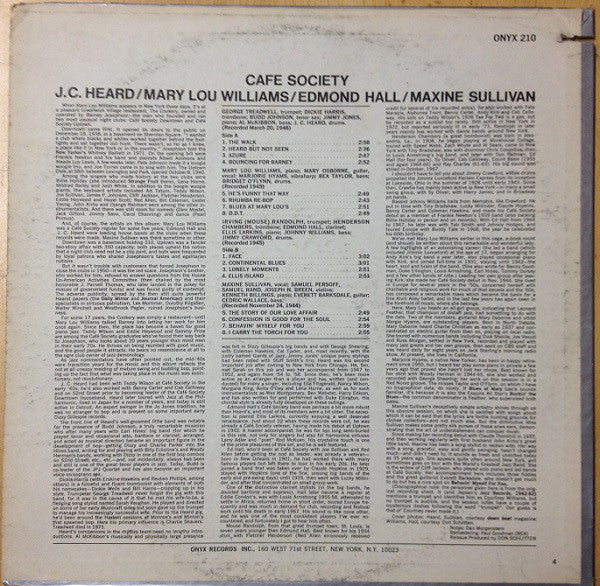 J.C. Heard / Mary Lou Williams / Edmond Hall / Maxine Sullivan : Cafe Society (LP, Comp, Mono, Promo)