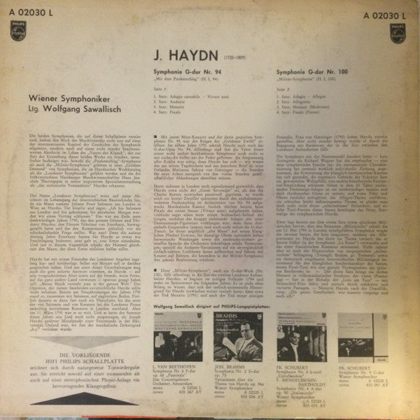 Joseph Haydn - Wolfgang Sawallisch, Wiener Symphoniker : Symphony No. 94 Surprise, 100 Military (LP, Album, Mono)