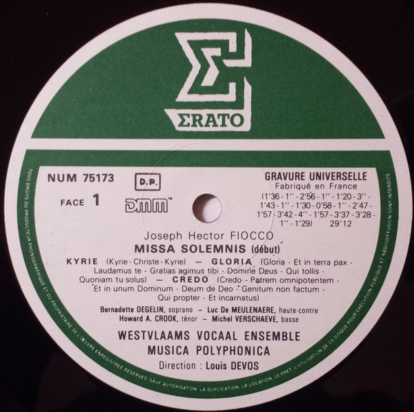 Joseph Hector Fiocco - Het Westvlaams Vocaal Ensemble, Musica Polyphonica, Louis Devos : Missa Solemnis (LP)