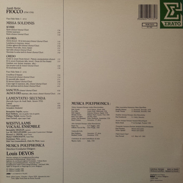 Joseph Hector Fiocco - Het Westvlaams Vocaal Ensemble, Musica Polyphonica, Louis Devos : Missa Solemnis (LP)