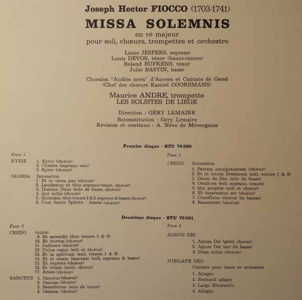 Joseph Hector Fiocco - Les Solistes De Liège, Maurice André, Géry Lemaire : Missa Solemnis (2xLP)