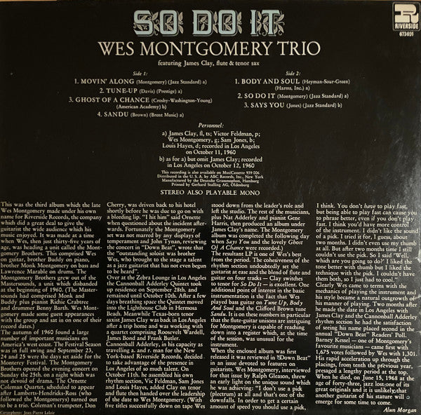 The Wes Montgomery Trio Featuring James Clay : So Do It (LP, Album, RE)