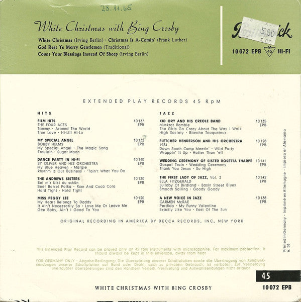 Bing Crosby : White Christmas With Bing Crosby (7", EP, RE)