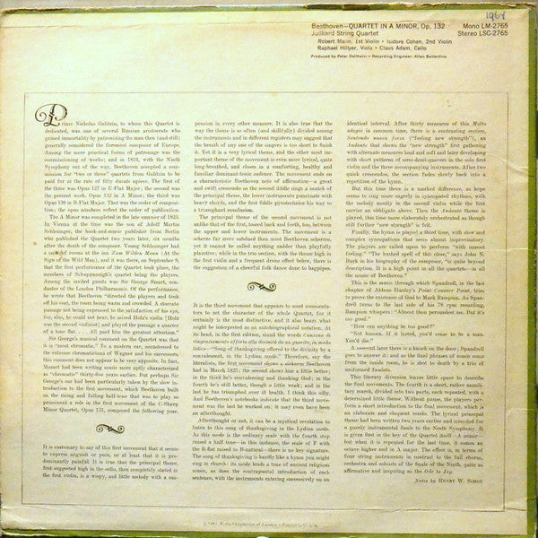 Ludwig van Beethoven, Juilliard String Quartet : Quartet In A Minor Op. 132 (LP, Mono)