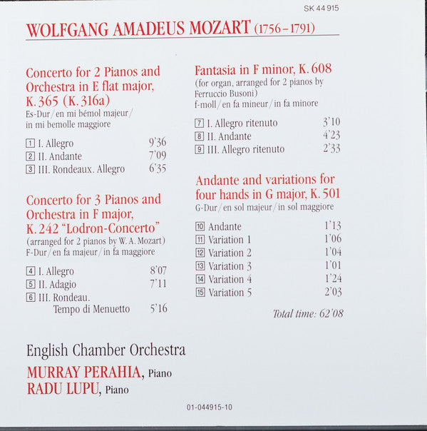 Wolfgang Amadeus Mozart / English Chamber Orchestra, Murray Perahia, Radu Lupu : Concertos For Two & Three Pianos - Andante And Variations For Four Hands In C Major, K. 501 - Fantasia In F Minor, K. 608 (CD, Album)