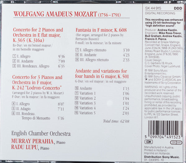 Wolfgang Amadeus Mozart / English Chamber Orchestra, Murray Perahia, Radu Lupu : Concertos For Two & Three Pianos - Andante And Variations For Four Hands In C Major, K. 501 - Fantasia In F Minor, K. 608 (CD, Album)