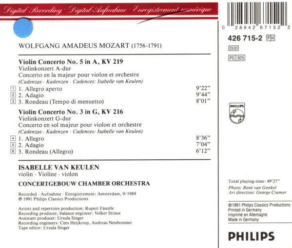 Wolfgang Amadeus Mozart - Isabelle van Keulen, Concertgebouw Chamber Orchestra : Violin Concertos = Violinkonzerte No. 3 KV 216 & No. 5 KV 219 (CD, Album)
