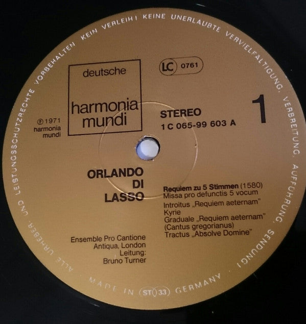 Roland de Lassus, Pro Cantione Antiqua, Bruno Turner : Missa Pro Defunctis 5 Vocum (1580) (LP)