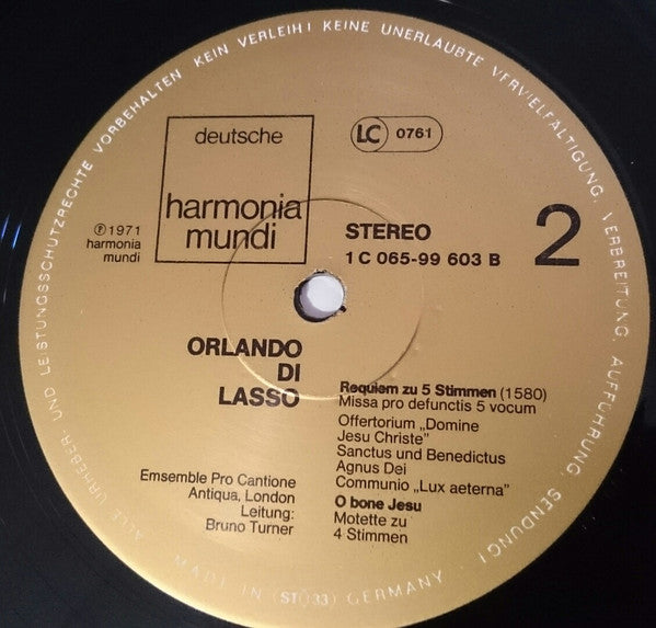 Roland de Lassus, Pro Cantione Antiqua, Bruno Turner : Missa Pro Defunctis 5 Vocum (1580) (LP)