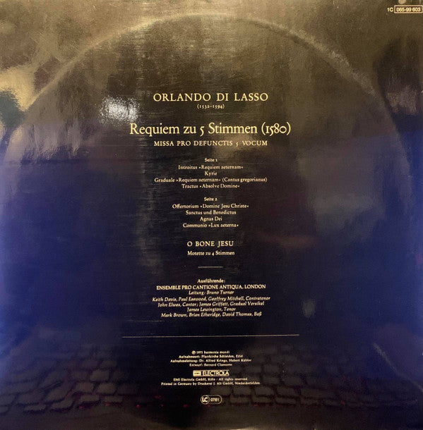 Roland de Lassus, Pro Cantione Antiqua, Bruno Turner : Missa Pro Defunctis 5 Vocum (1580) (LP)