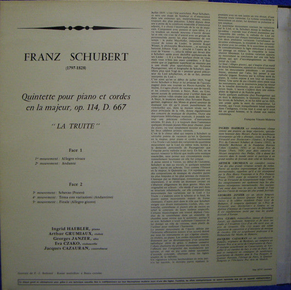 Schubert*, Ingrid Haebler - Arthur Grumiaux, Georges Janzer - Eva Czako, Jacques Cazauran : Quintette, Op.114  "La Truite" (LP, RE, Gat)