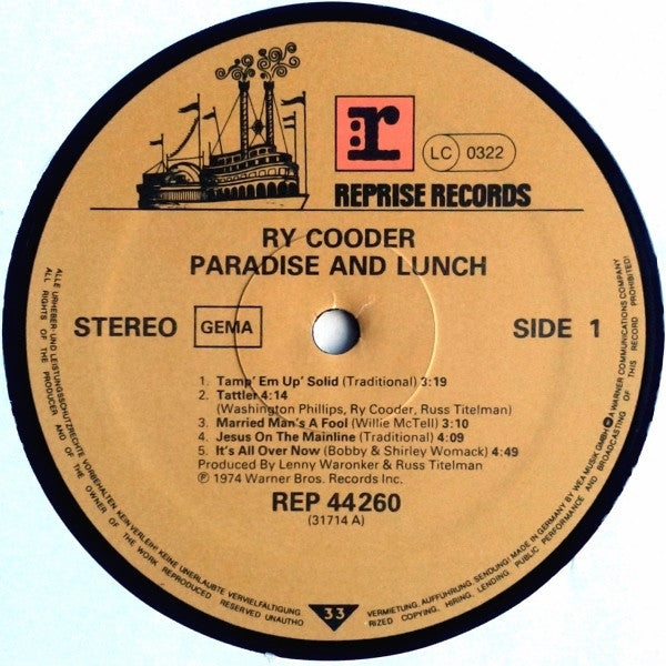 Ry Cooder : Paradise And Lunch (LP, Album, RE)