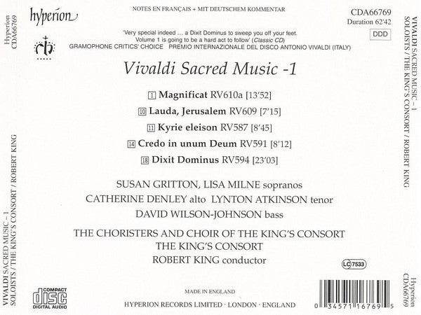 Antonio Vivaldi - Susan Gritton, Lisa Milne, Catherine Denley, Lynton Atkinson, David Wilson-Johnson, The King's Consort, Robert King (9) : Sacred Music-1 (CD, Album)