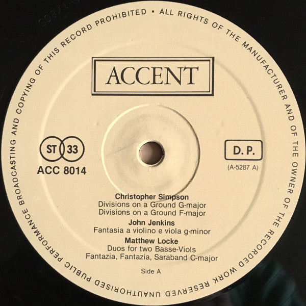 Wieland Kuijken, Sigiswald Kuijken, Robert Kohnen : Music For A Viol (LP, Gat)