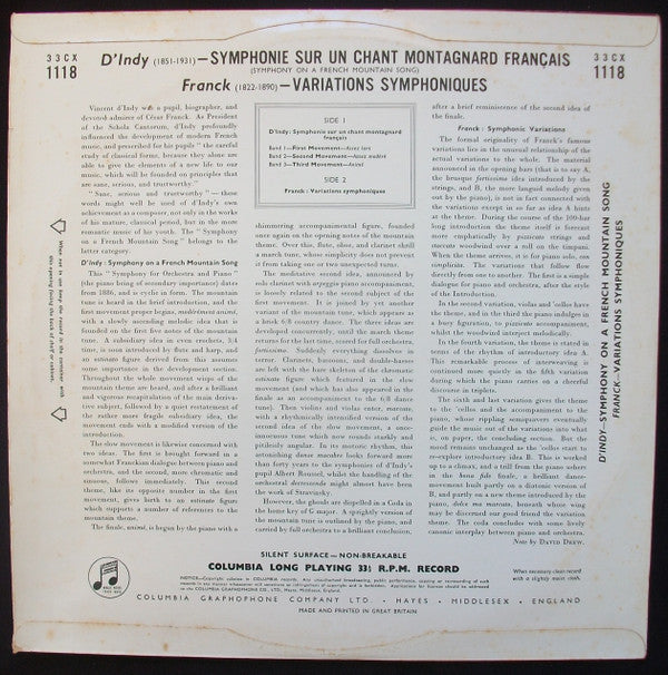 Vincent d'Indy / César Franck – Charles Munch, Philharmonic-Symphony Orchestra Of New York, George Weldon, Philharmonia Orchestra, Robert Casadesus : Symphony On A French Mountain Song / Symphonic Variations (LP, Mono)