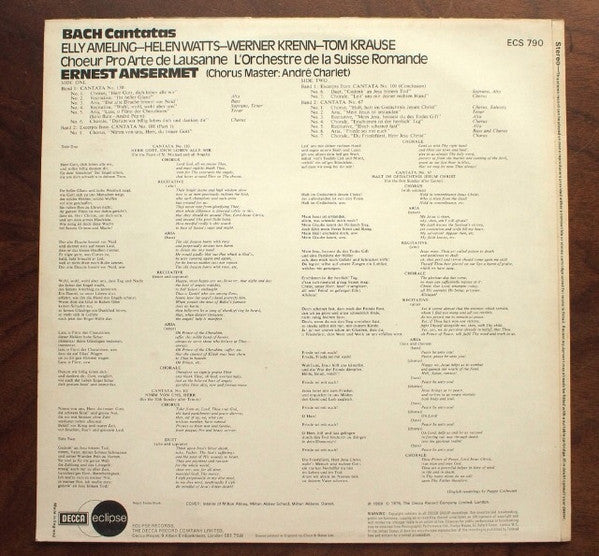 Johann Sebastian Bach, Elly Ameling ‒ Helen Watts ‒ Werner Krenn ‒ Tom Krause, Chœur Pro Arte de Lausanne, L'Orchestre De La Suisse Romande, Ernest Ansermet : Cantatas (LP, RE)