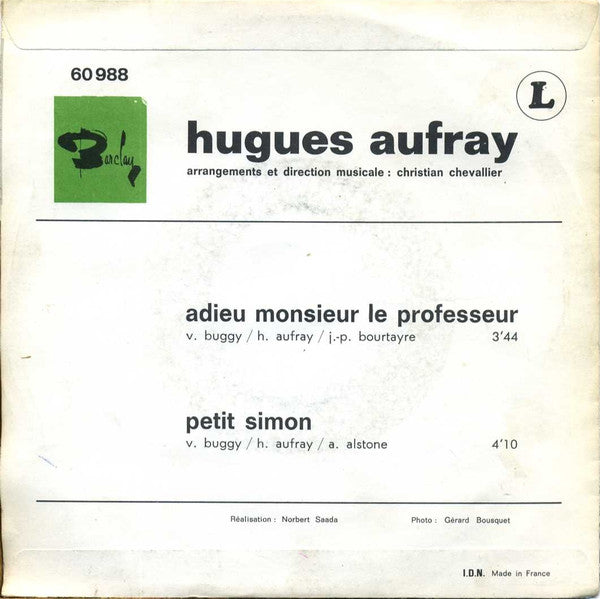 Hugues Aufray : Adieu Monsieur Le Professeur / Petit Simon (7", Single, Jukebox, Promo)