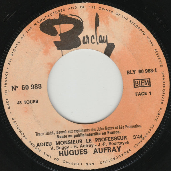 Hugues Aufray : Adieu Monsieur Le Professeur / Petit Simon (7", Single, Jukebox, Promo)
