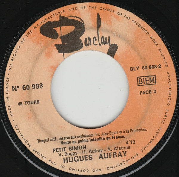 Hugues Aufray : Adieu Monsieur Le Professeur / Petit Simon (7", Single, Jukebox, Promo)