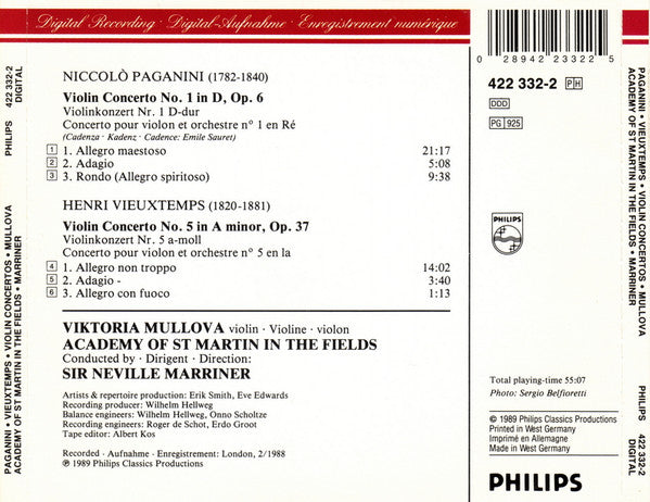 Niccolò Paganini / Henri Vieuxtemps, Viktoria Mullova, Sir Neville Marriner, The Academy Of St. Martin-in-the-Fields : Violin Concerto No. 1 / Violin Concerto No. 5 (CD)