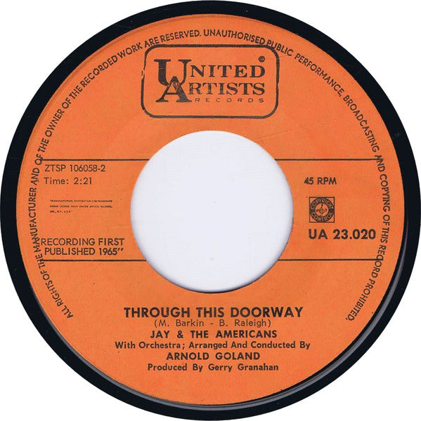 Jay & The Americans : Sunday And Me (7", Single)