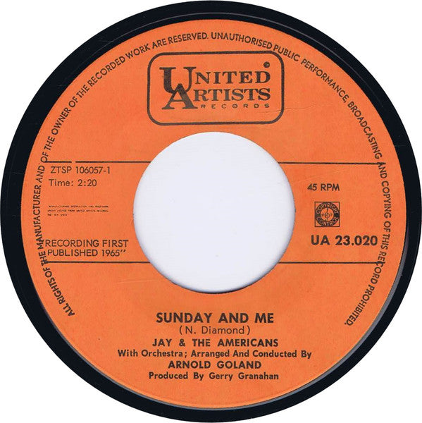 Jay & The Americans : Sunday And Me (7", Single)