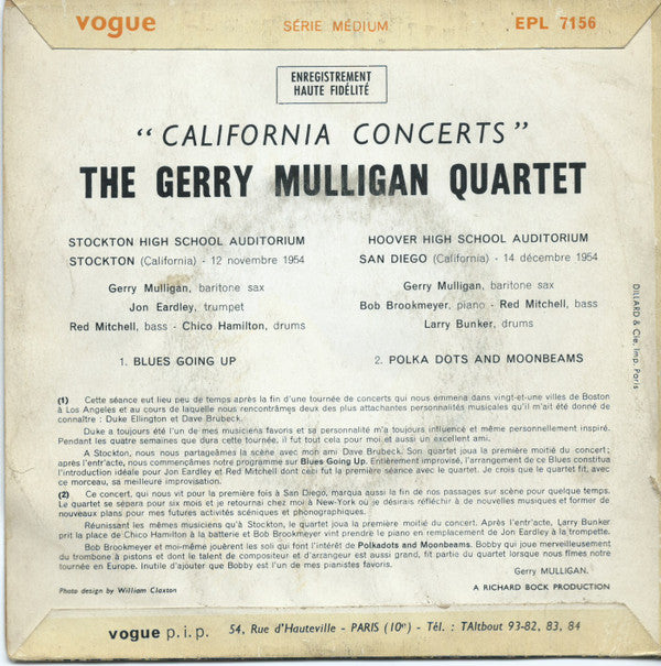 Gerry Mulligan : California Concerts (7")