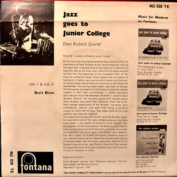 The Dave Brubeck Quartet : Jazz Goes To Junior College (7")