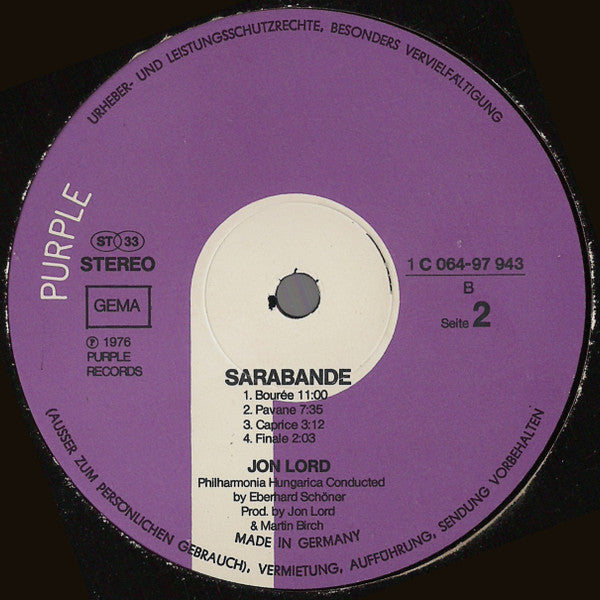 Jon Lord : Sarabande (LP, Album, RP, Die)