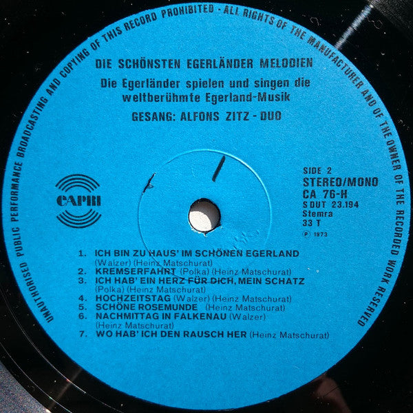 Die Egerländer, Alfons Zitz : Die Schönsten Egerländer Melodien (LP)