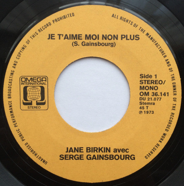 Jane Birkin Avec Serge Gainsbourg : Je T'aime Moi Non Plus / Jane B. (7", Single, Mono)