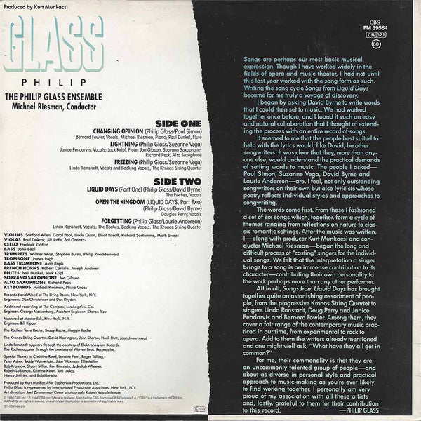 Philip Glass : Songs From Liquid Days (LP, Album)