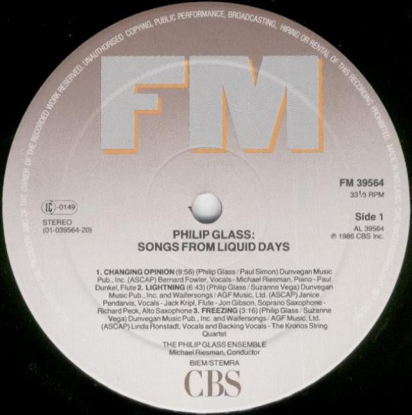 Philip Glass : Songs From Liquid Days (LP, Album)